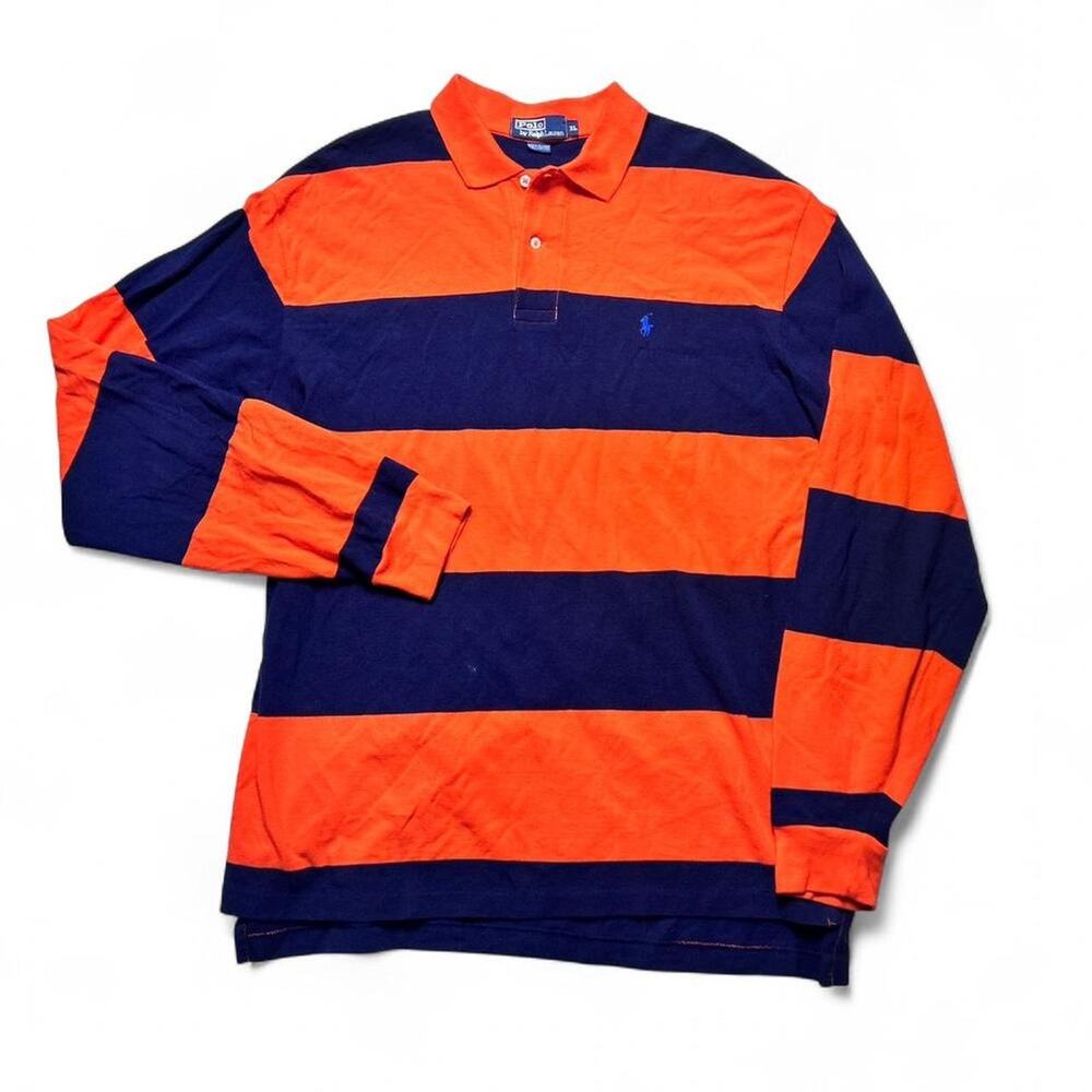 Polo Ralph Lauren 90s Vintage Rugby Long Sleeve Striped Shirt Orange Navy XLL